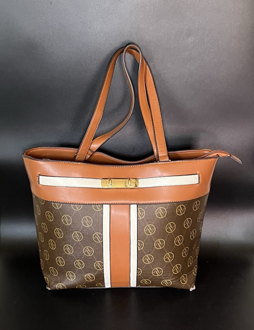 Adrienne Vittadini Monogram Shoulder Handbag Brown Purse Bottom Studs Base Zip